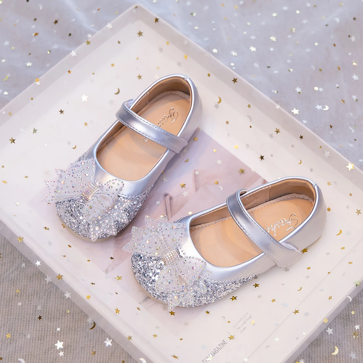 Toddler Girls Sparkly Princess Flat Shoes, Spring Autumn Rhinestone Bow Glitter Dress Shoes Party Shoes for Wedding Birthday