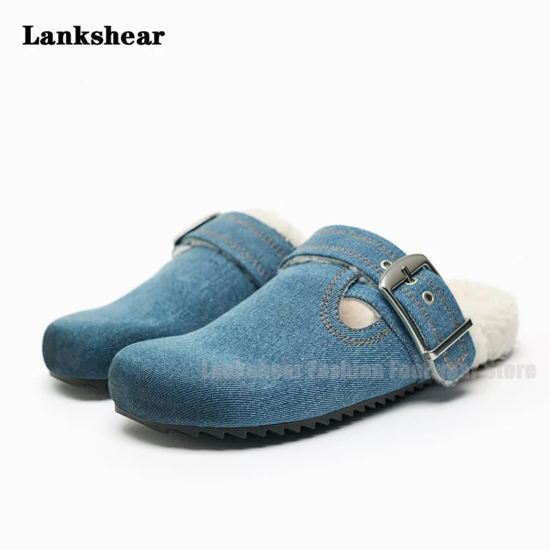 Vintage Baotou Thick Sole Half Slipper Women's Flat Shoes Woolly Shoes Women's Autumn and Winter Casual Velvet Muller Shoes