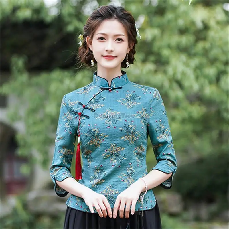 2024 Autumn new Chinese style stand collar improved cheongsam jacket daily retro women tea art top qi pao top retro blouse a438