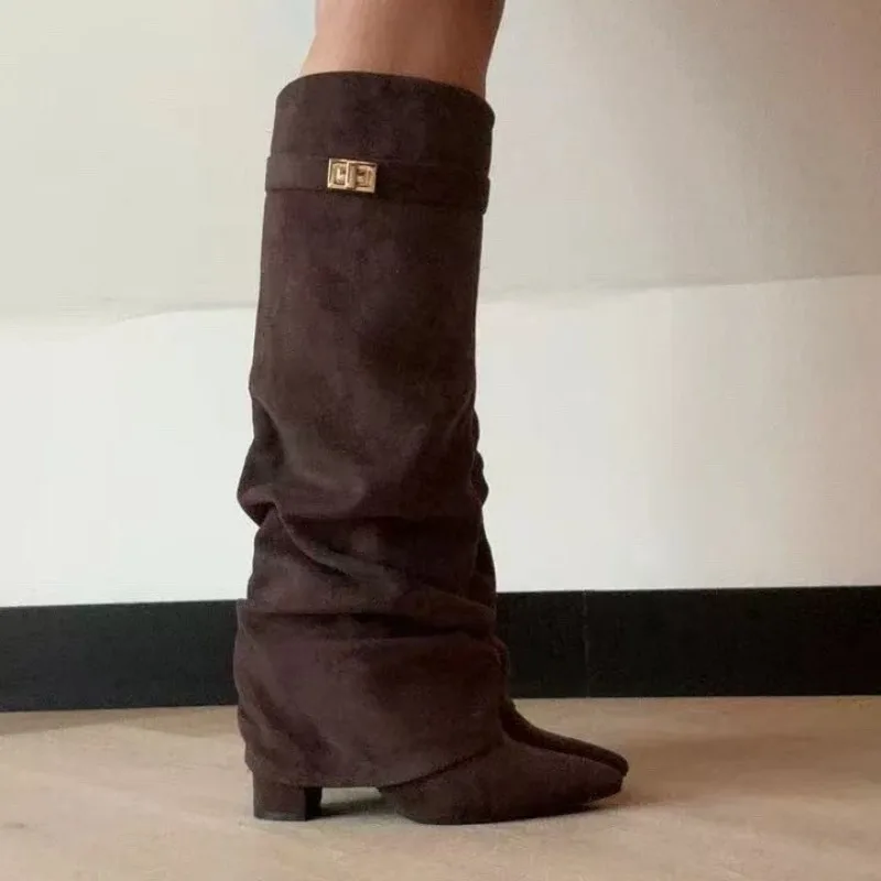 2026 New Women's Knee High Boots Metal Buckle Pointed Toe High-heeled Pants Boots Solid Female Long Boots Quality Ladies Shoes