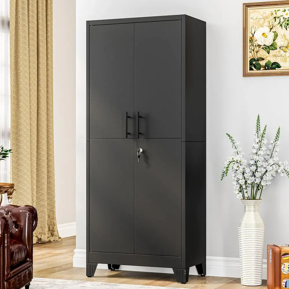 Sturdy Metal Storage Cabinet with Lock, 2-Tier Steel Bookcase, Adjustable Shelves, Heavy-Duty Lockable Office Cabinet, Garage Or