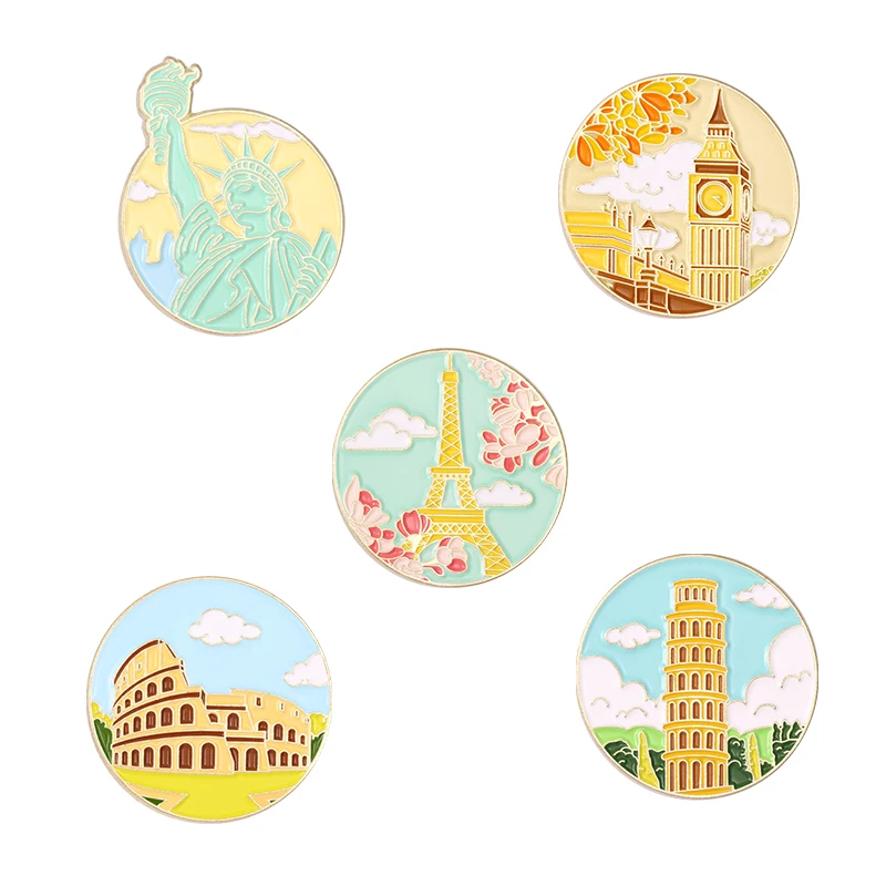 Famous Building Enamel Pins Liberty Eiffel Tower Big Ben Colosseum Tower Pisa Brooches Lapel Badges Landmark Jewelry Gift