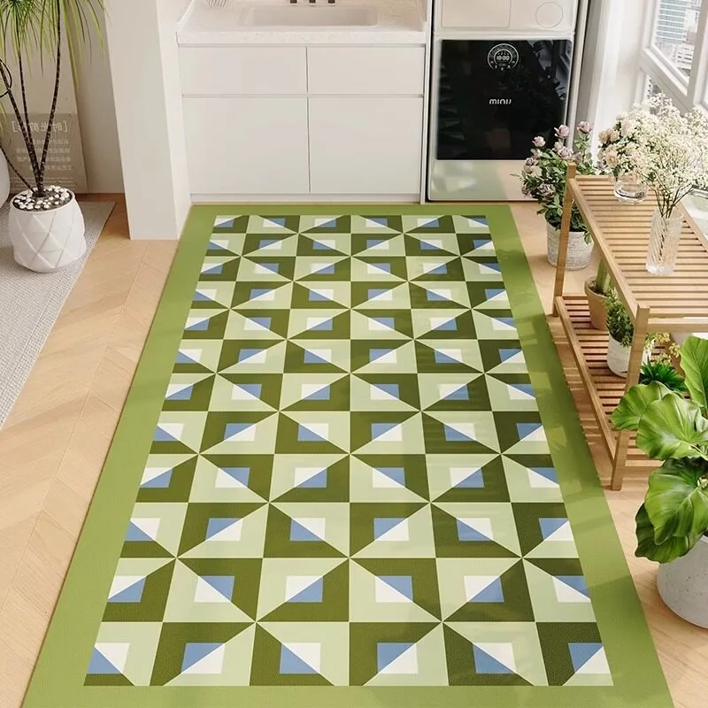 Green Ins Style Art Abstract PVC Leather Rug Waterproof Oil-proof Stain-resistant Kitchen Carpet Large Area Non-slip Floor Mats