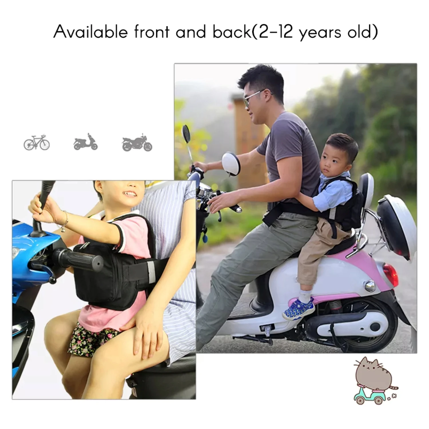 Universal Motorcycle Safety Belt for Kids W/ Storage Bag Rear Seat Grab Handle Strap Harness Adjustable Child Reflective Strip