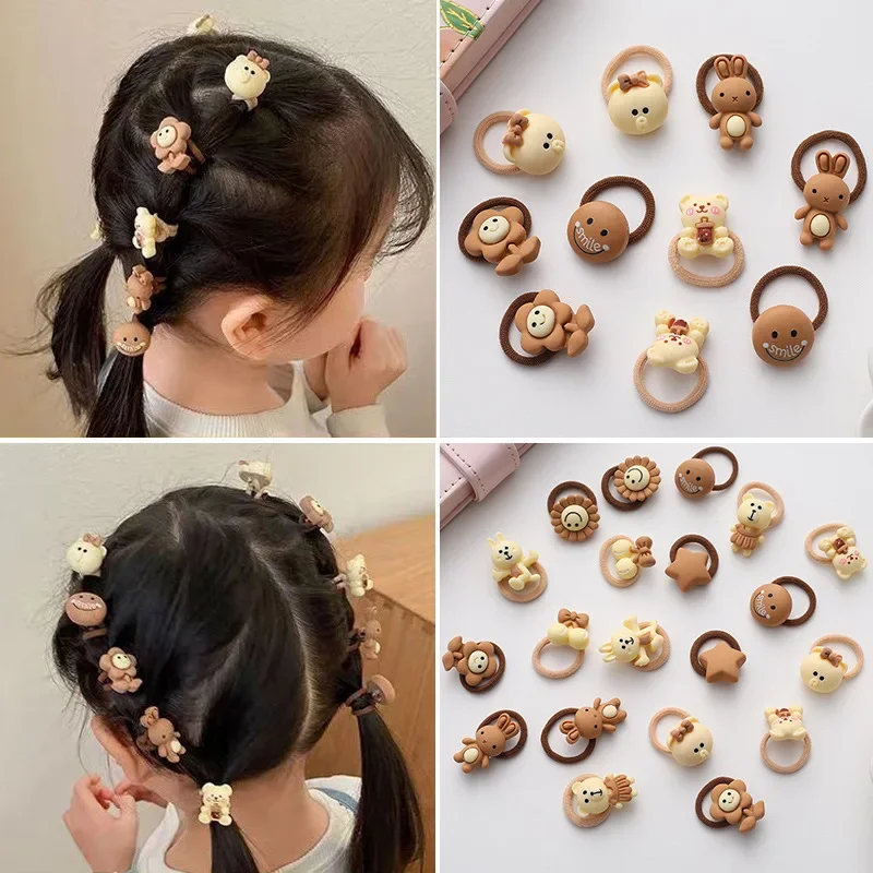 10Pcs/Set Cute Baby Girls Small Elastic Hair Rope Sweet Cartoon Bear Hair Accessories Lovely Flower Mini Scrunchies for Kids