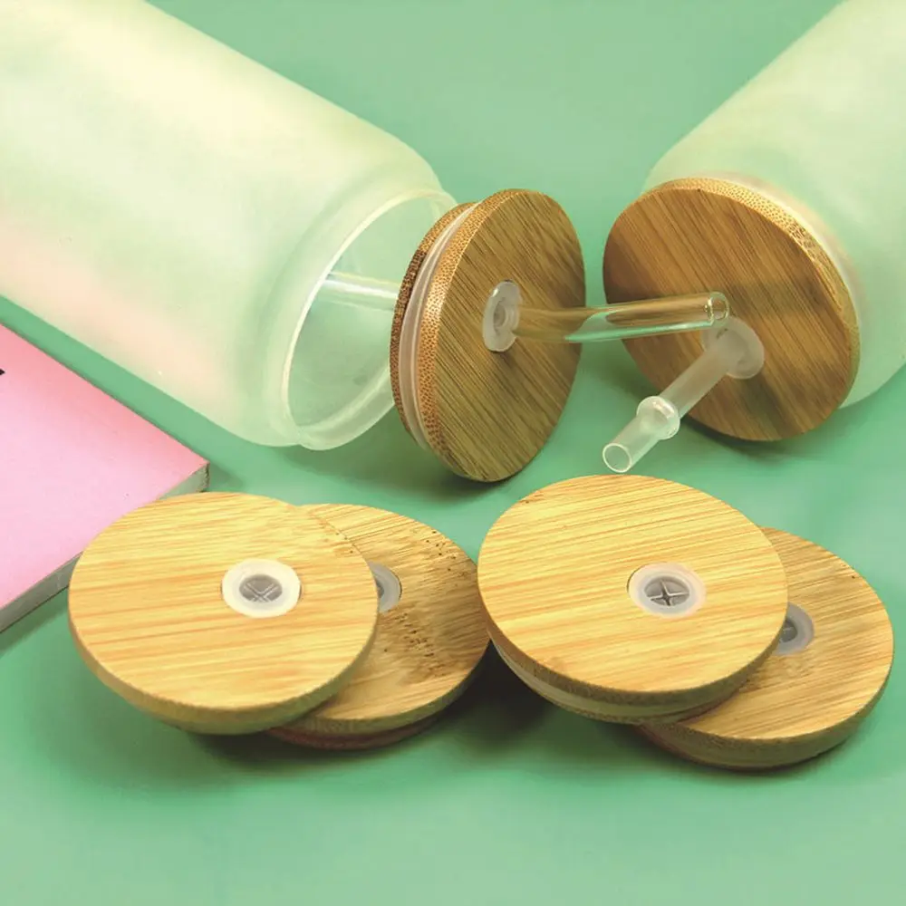 Eco Friendly Storage Bottles Silicone Seal Ring Mason Jar Lid Wide Mouth Cup Bamboo Wood Lids With Straw Hole