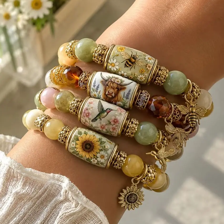 BEE HAPPY Healing Daisy Beaded Bracelet for Women Yellow Green Charm Elastic Wrist Jewelry Nature Inspired Sweet Gift for Her
