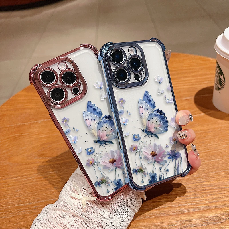 Flowers Butterfly Case For OPPO Reno 8T 8Z 8 7 7Z 6 5 4 Pro Lite Shockproof Anti Drop Plating Transparent Silicone Phone Cover