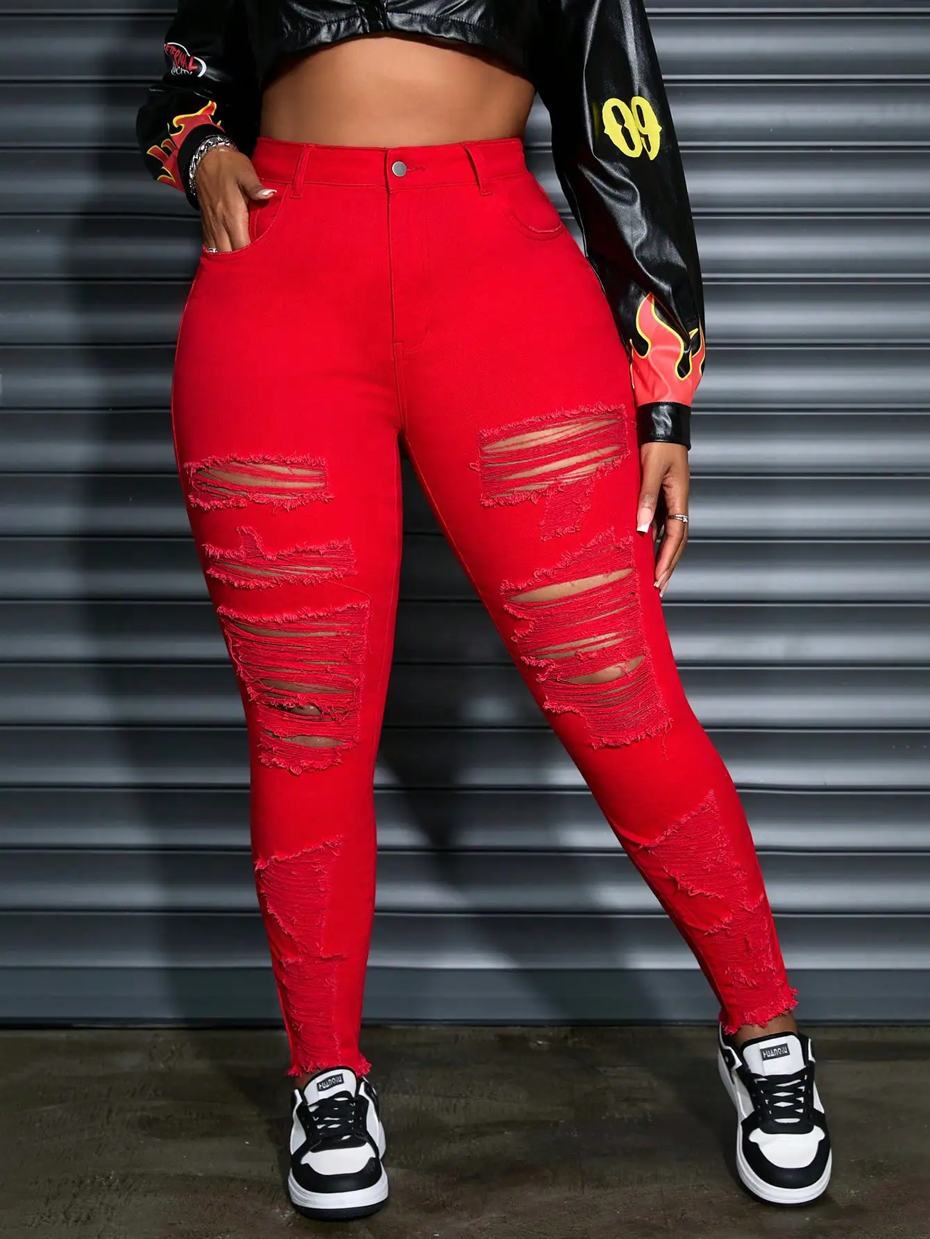 

Красные рваные джинсы с высокой талией для женщин, из эластичного денима