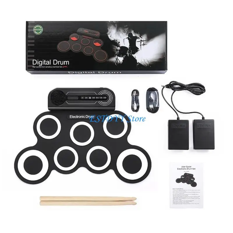 G6DE مجموعة طبلة إلكترونية قابلة للطي وسادة ممارسة سيليكون محمولة مع مكبر صوت أفخاذ دواسة قدم لعبة موسيقية للأطفال