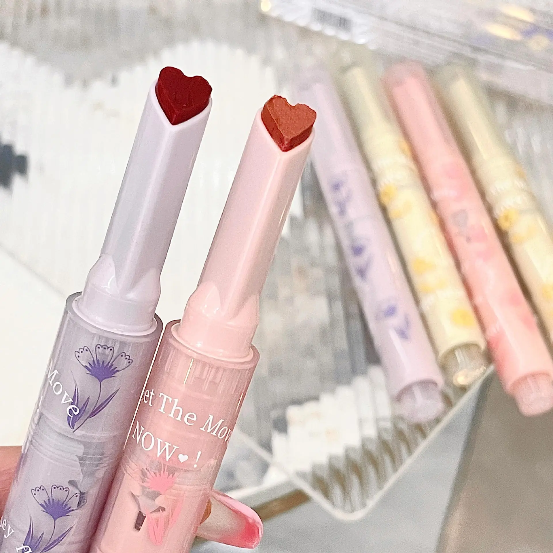 Jelly Lip Glaze Flower Mirror Water Lipstick Heart-shaped Lip Gloss Moisturising Lipstick Pen Waterproof Non-stick Cup Korean