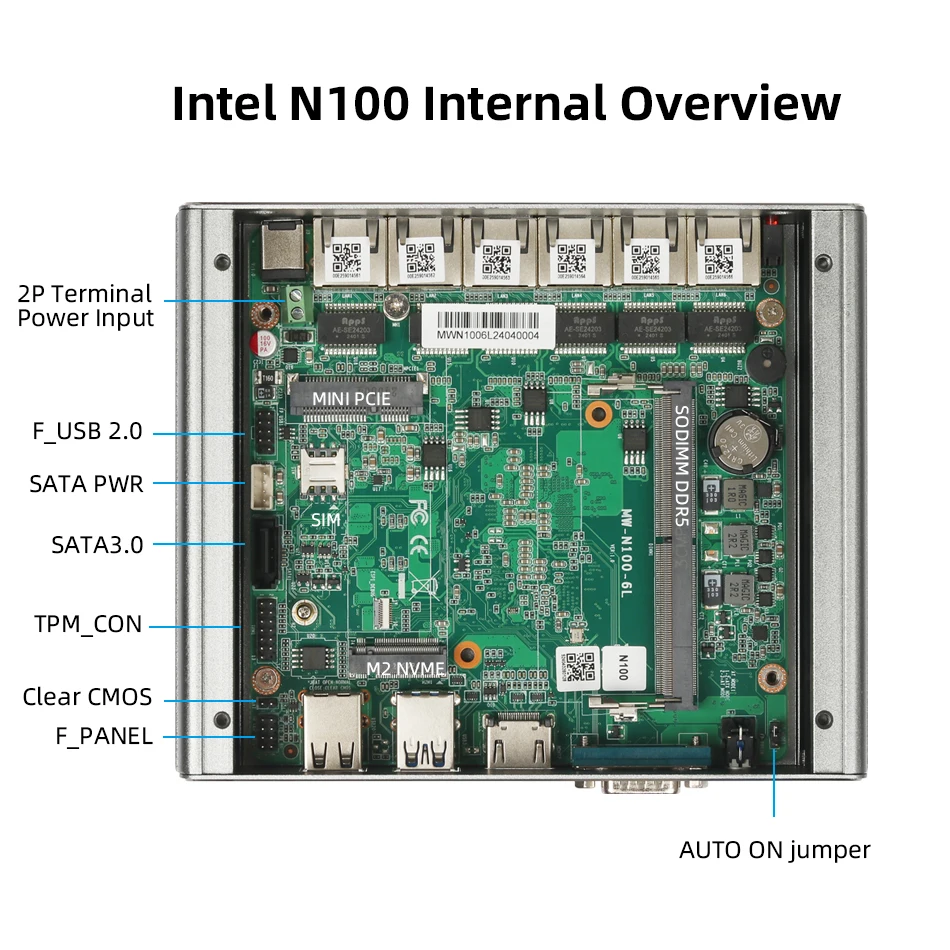 Безвентиляторный мини-ПК Процессор Intel N100 DDR5 M.2 NVMe SSD 6x 2.5G Ethernet Mini PCIE Расширение WiFi 4G SIM Windows Linux Openwrt