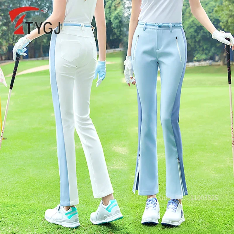 

TTYGJ Women Patchwork Slim Golf Pants Ladies Zipper Split Flared Trousers Female Elastic Waistband Long Pants Sweatpants XS-2XL