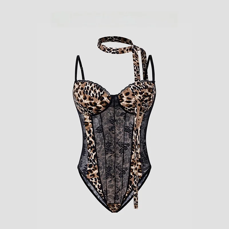 

Sexy Summer Leopard Print Lace Hot orm Passion Set Cotton Bra Underwear One-Piece Suit High Waist Ultra Thin Wool Blend