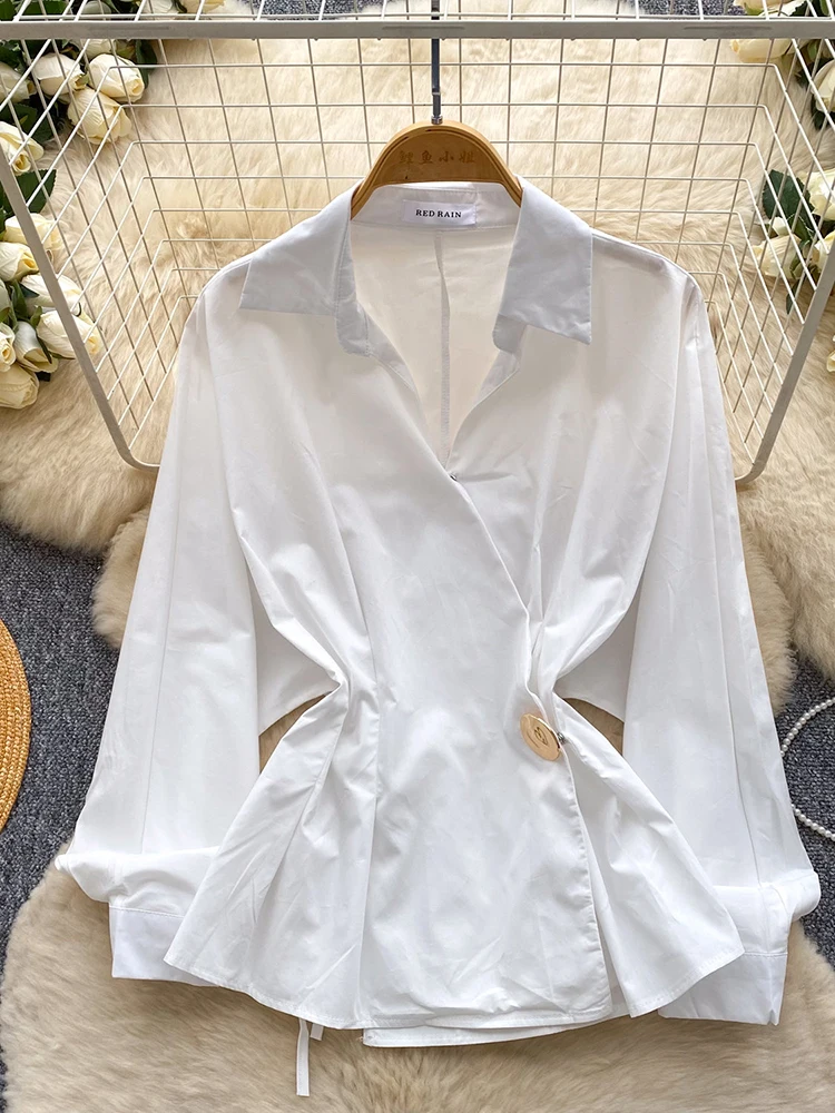 

Женская рубашка в корейском стиле, весенняя, для офиса, синяя, с воротником-стойкой, с поясом, свободного кроя, с длинными рукавами, приталенная, элегантная, BL374