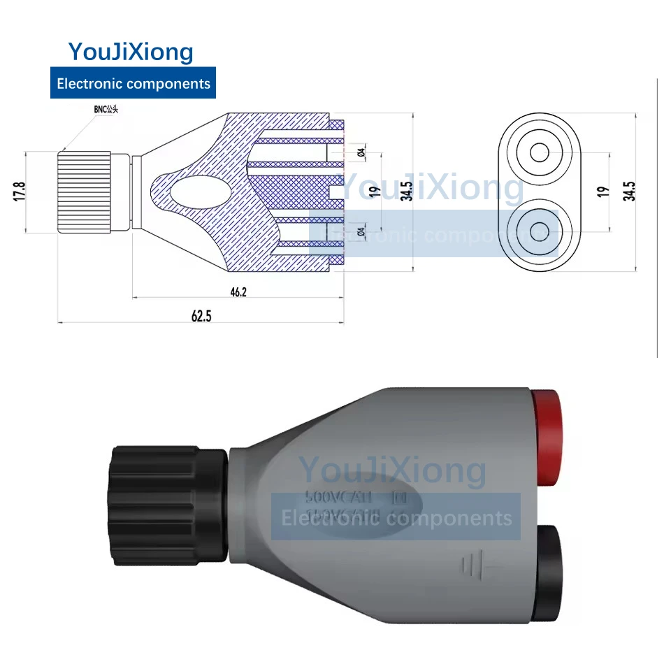 Insulated BNC Male To Double 4mm Safety Banana Socket with Dust Sheath Pitch 19MM Adapter