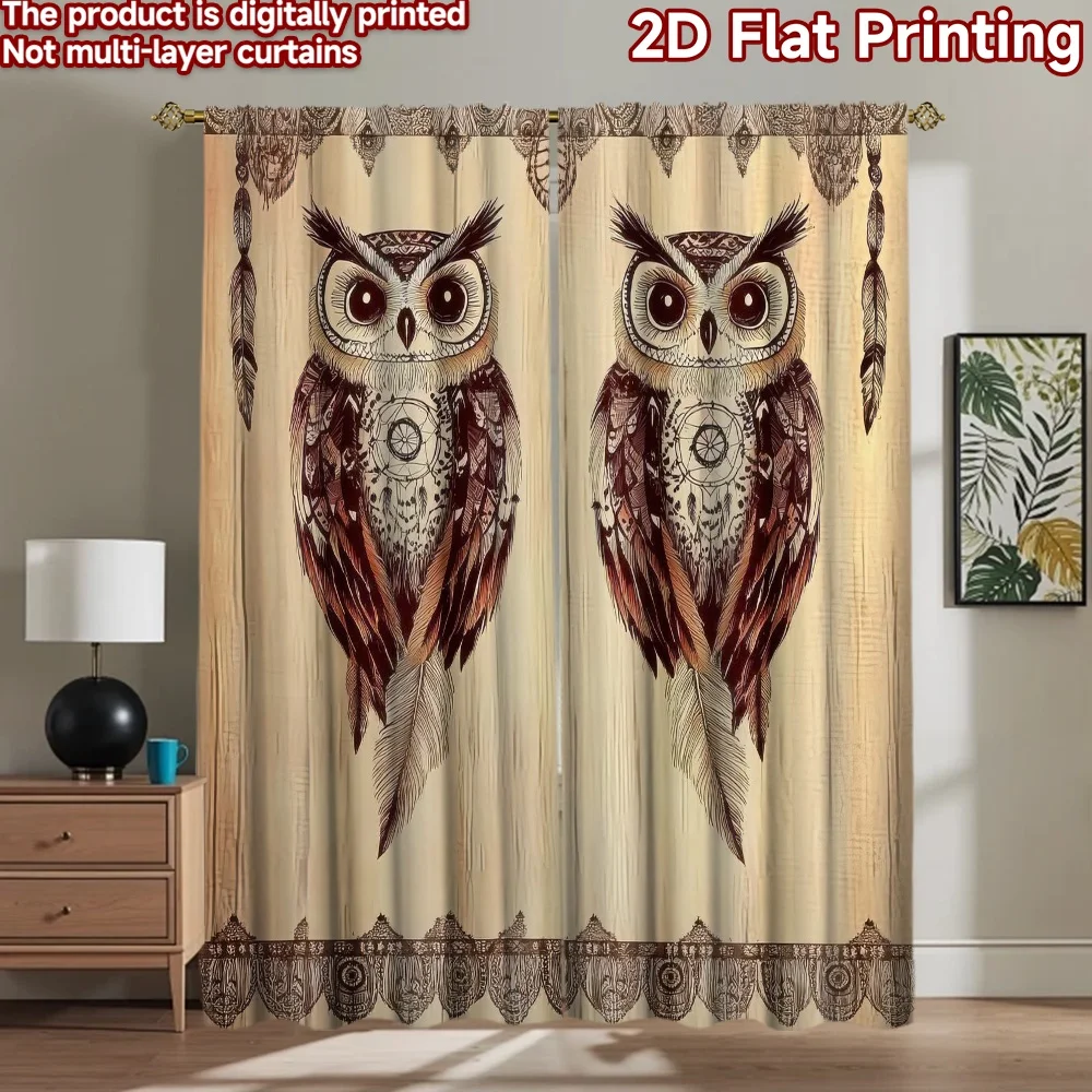 1 Stück 2D-Flach-Fotografie-Hintergrund, Hintergrundstoff, Bohemian Twin Owls, 100 % Polyester, für Familienfeiern, für Feiertage, Party, Heimdekoration