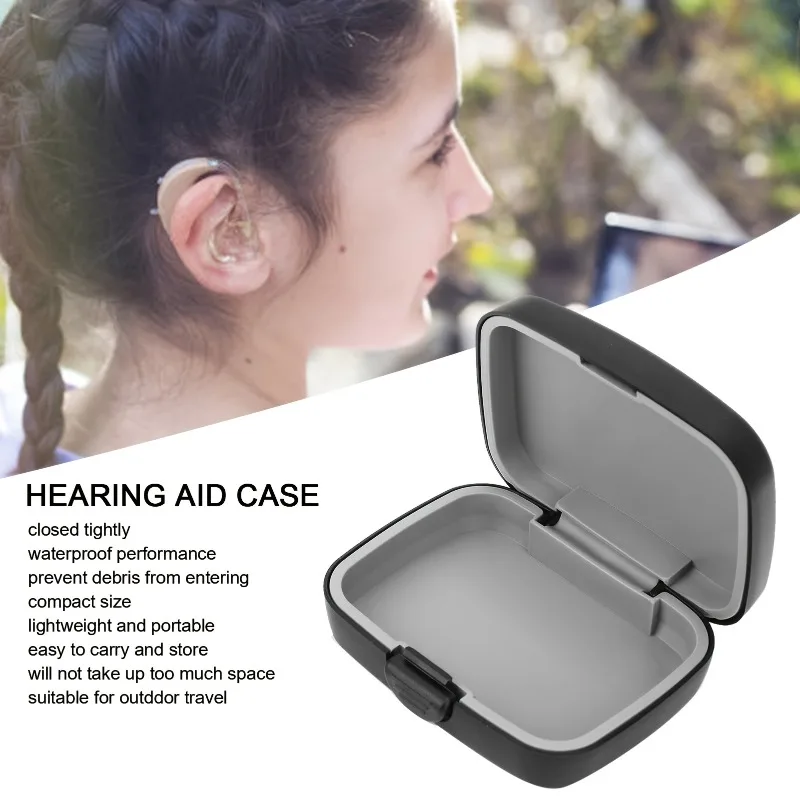 Flat Rectangular Hearing Aid Case, Portable Black Square Storage Box for Hearing Aids