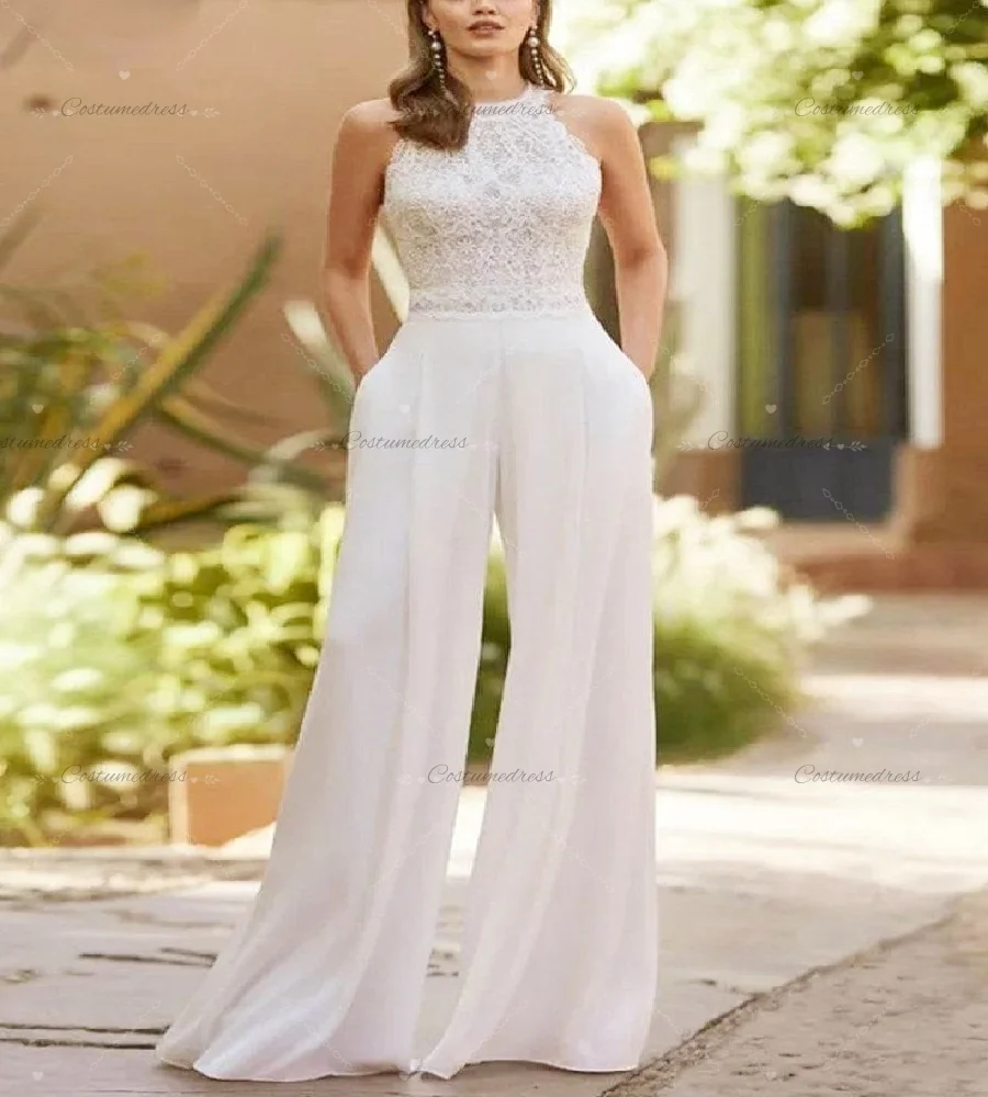 Romantic Jumpsuit Wedding Dress 2026 Sleeveless Lace Destination Boho Bridal Dress Elegant Bohemian Pearls