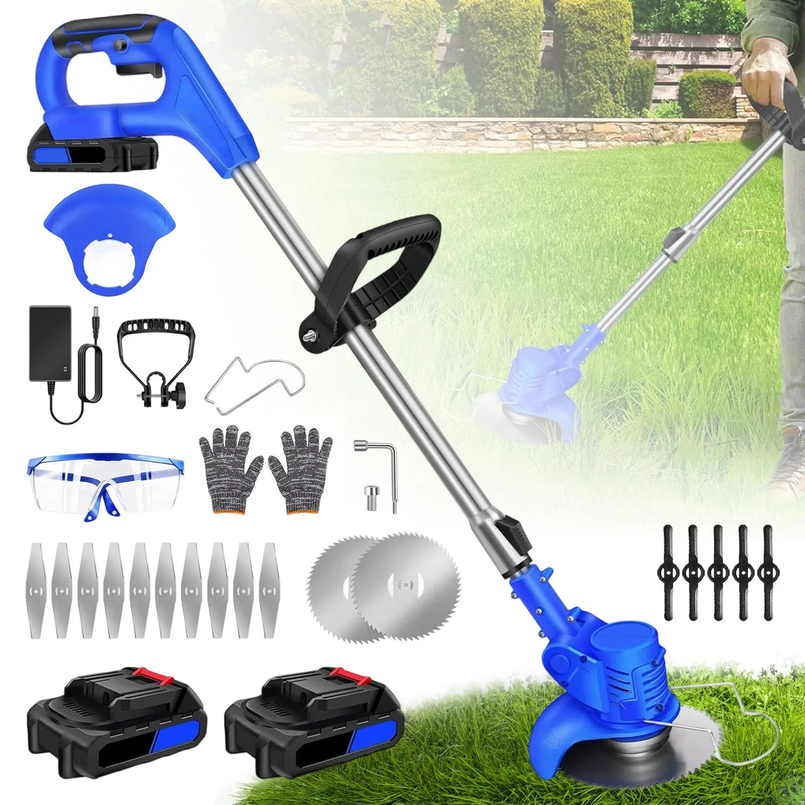 Elektrischer Akku-Rasentrimmer mit 2 Akkus und Ladegerät, Freischneider und Rasentrimmer, 800W, Rasentrimmer Freischneider Rasenmäher mit 0-90° °   Rotierender Schneidkopf mit Verstellbarer