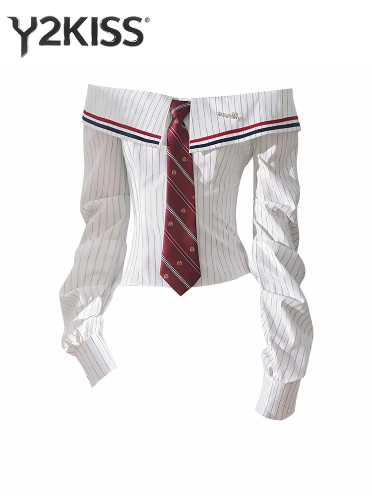 

Весенняя женская полосатая рубашка в студенческом стиле, блузка с длинными рукавами, укороченные топы в стиле Харадзюку, корейская мода, кокетка Gyaru Y2k, 2000-е годы, эстетика