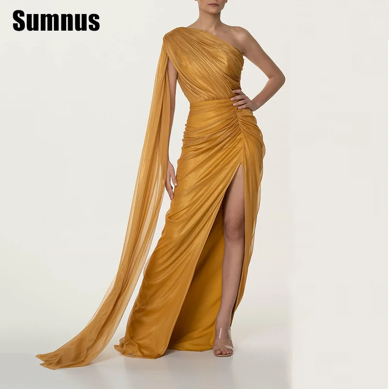 

Sumnus Elegant Mermaid Evening Dresses One Shoulder Pleats Side Slit Formal Occasion Dresses فساتين سهرة Customized
