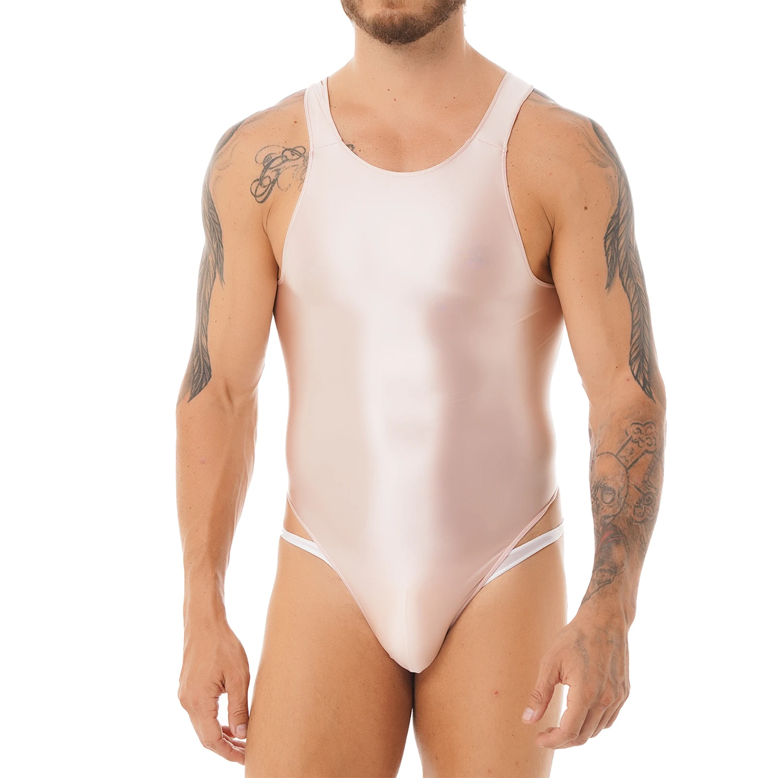 Mens Lingerie Cutout Back Bodysuit Solid Color Glossy Beach Swimming Suit One-piece Swimsuit Stretchy Tights Leotard Swimwear