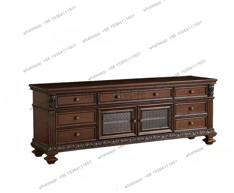 American country French retro solid wood TV cabinet Chinese antique villa carved living room locker