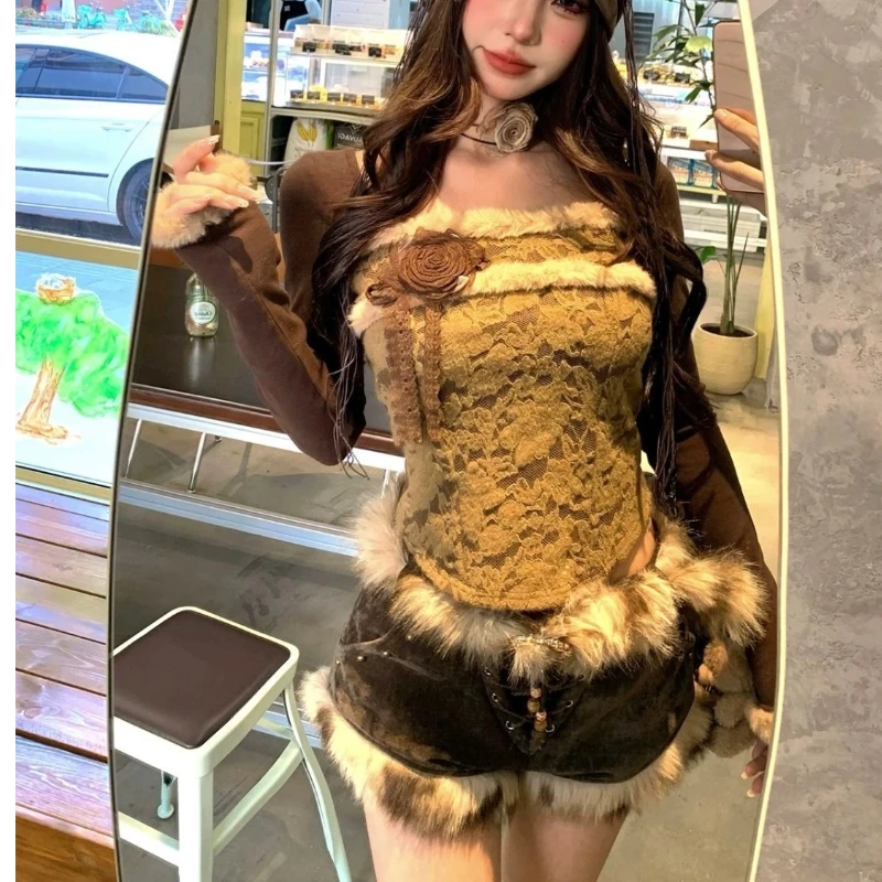 

Japanese Sexy Style New Retro Girl 2 Piece Sets Slim V-neck T-shirt Plaid Pleated Skirt Aesthetic Y2k Vintage Suit Autumn Winter