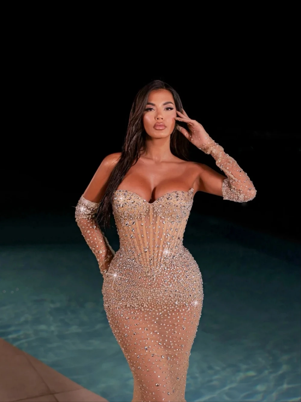 Sweetheart Neck Evening Dress Luxury Sequined Rhinestone Prom Gown Sexy Illusion Long Cocktail Dresses Customized Robe De Mariée