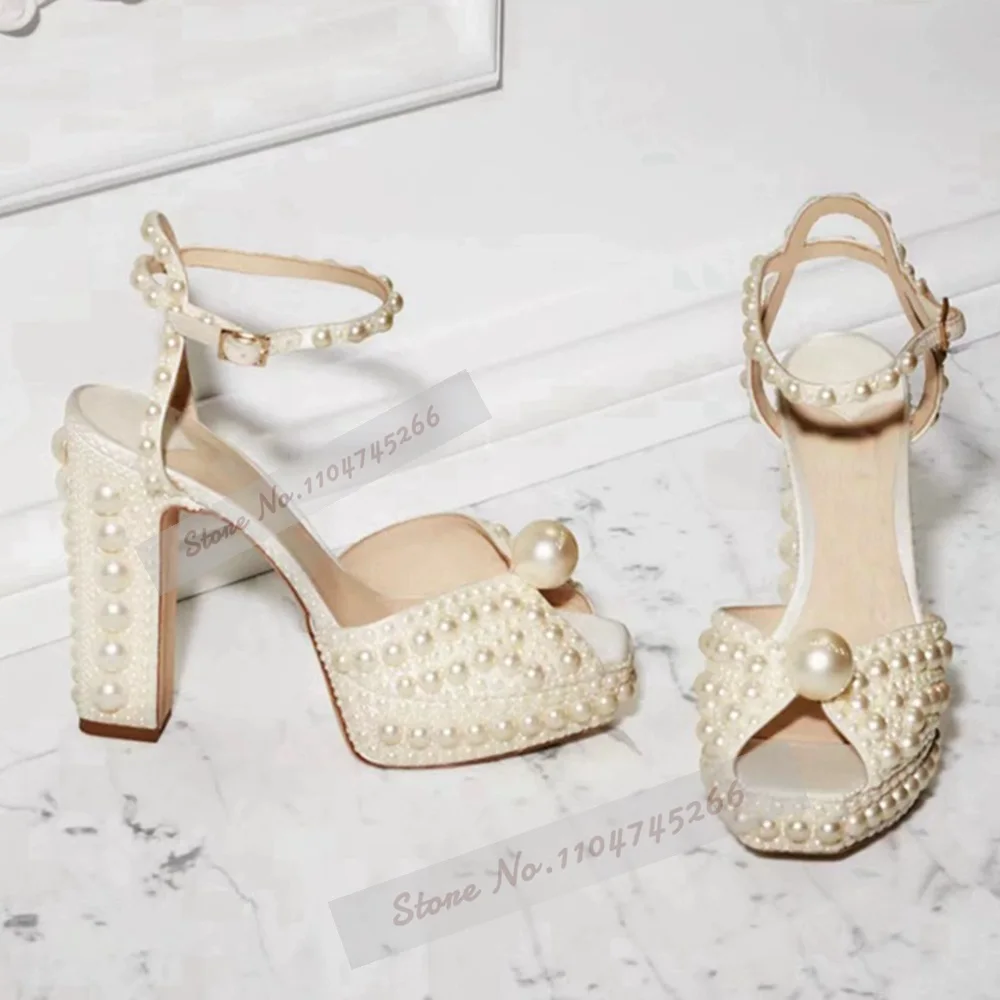 Big Small Full Pearl Chunky Heel Sandals Luxury Platform Beaded Glossy Wedding Dress Shoes Buckle Strap Open Toe Party Heels