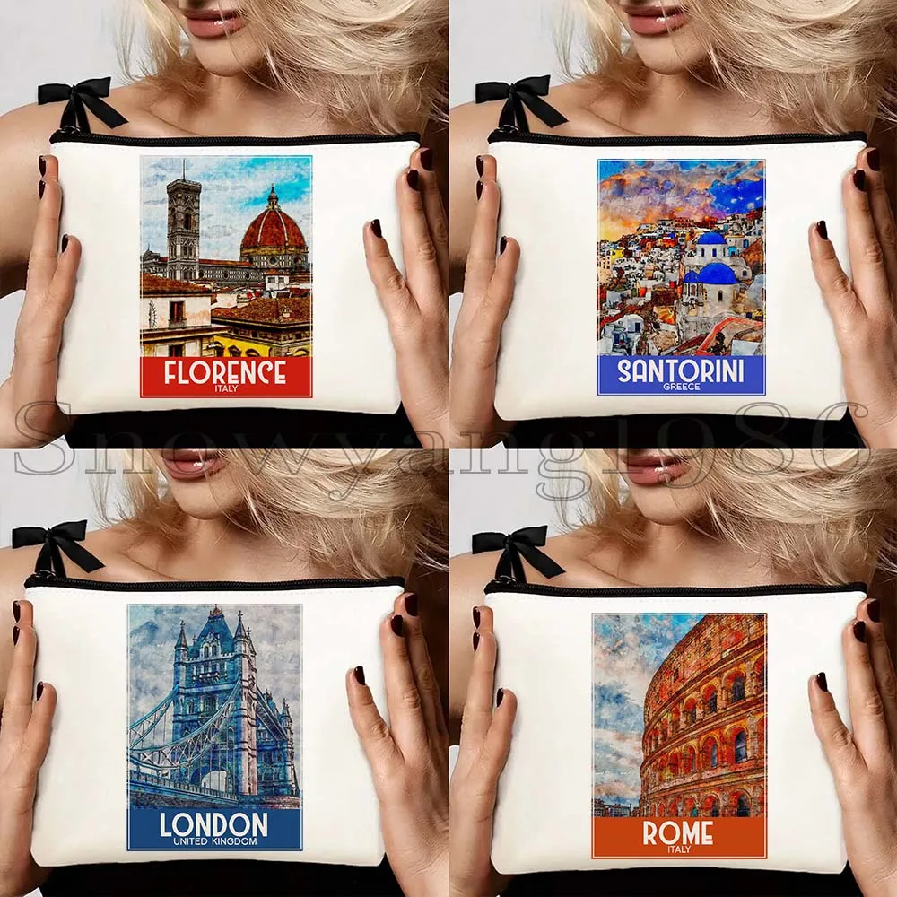 

4pcs London Pisa Kyiv Rome Santorini Athens Berlin Boston Dubai Dublin Florence Watercolor Painting Cosmetic Makeup Bag Pouch