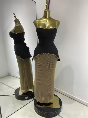 Women Cocktail Dress Slash Neck Tube Top And Gold Diamonds Net Long Skirt Two Pieces Sets Evening Club Party Outfits Show Dress