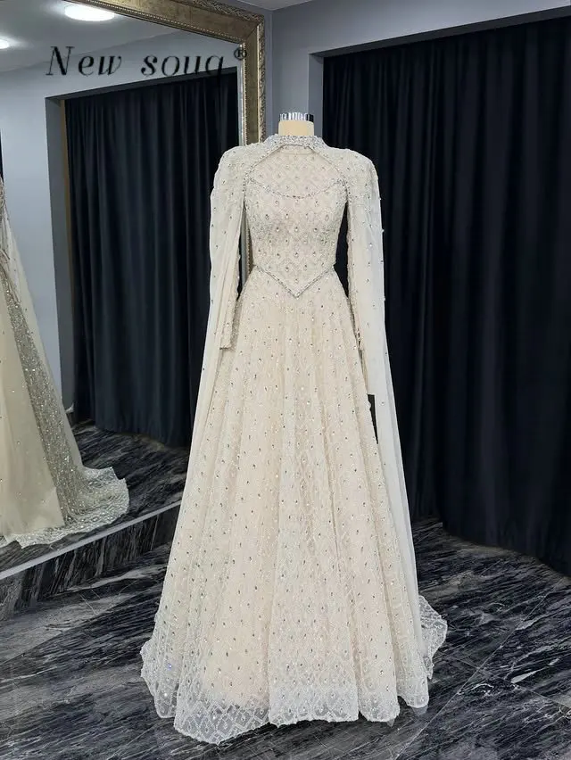 

Дубай светлое шампанское трапециевидное мусульманское вечернее платье с накидкой индивидуальные кристаллы вечерние свадебные платья для женщин роскошные