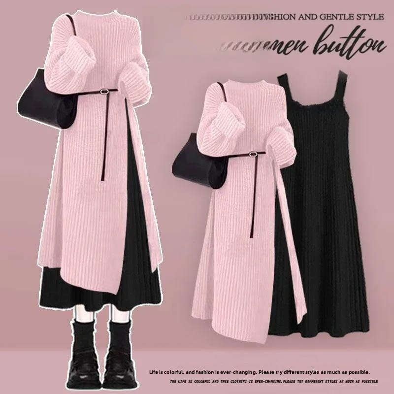 

Женский корейский свитер больших размеров, длинное вязаное пальто, комплект для похудения, комплект из двух предметов, элитный осенне-зимний модный комплект