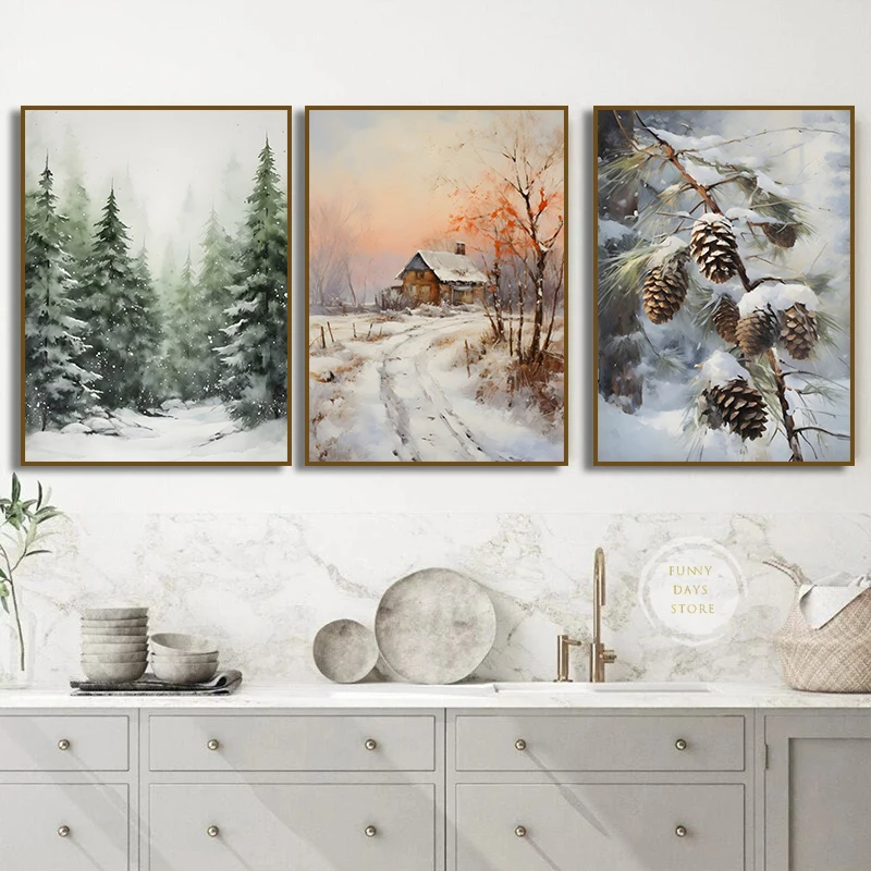1pc frameless Canvas Painting Retro Winter Landscape Deer Bird Fox Mountain Snow Forest House Pine  Canvas Painting R Wall Print