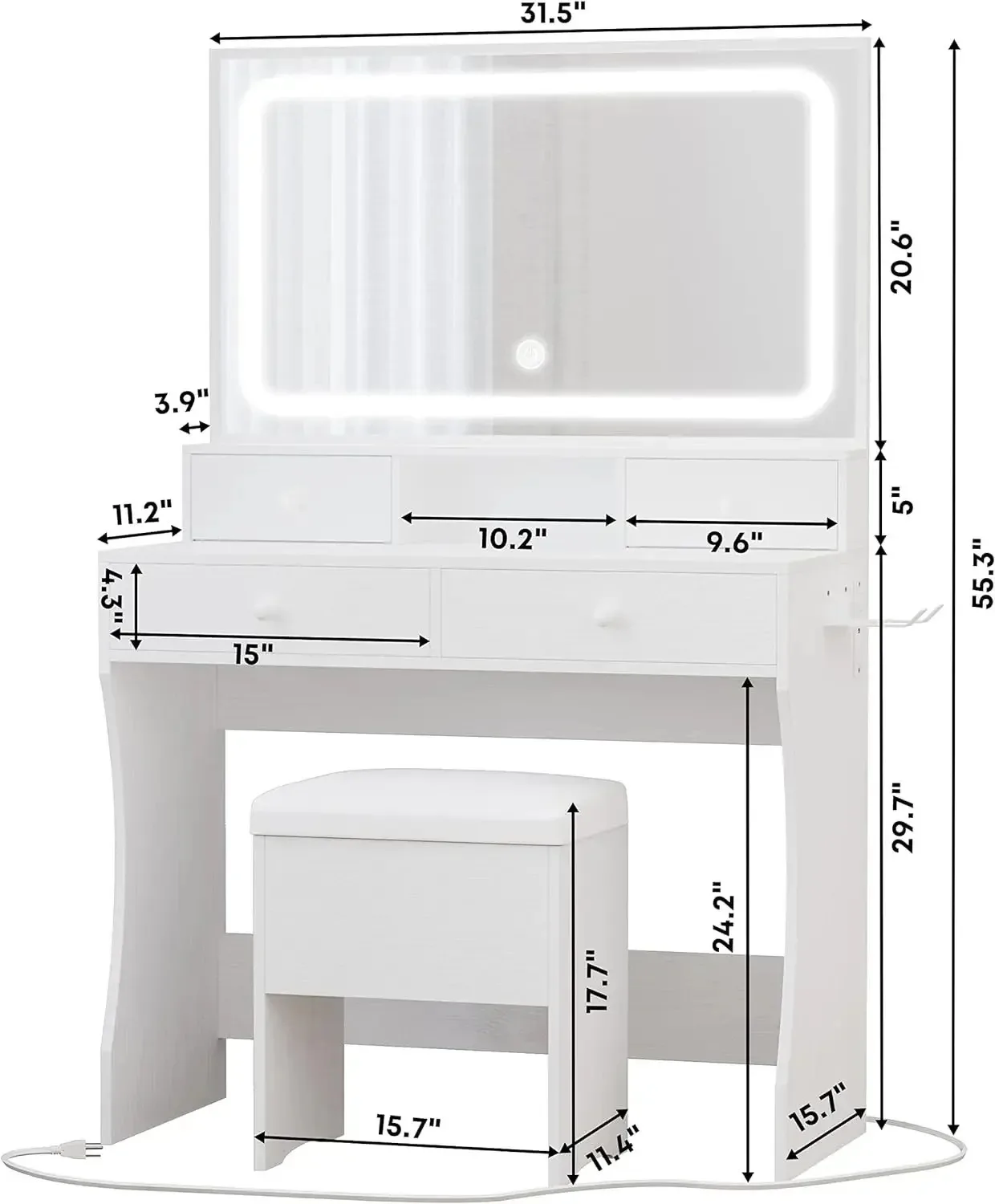 LIKIMIO Vanity Desk with LED Lighted Mirror & Power Outlet & 4 Drawers, Dressing Makeup Table Set with Storage