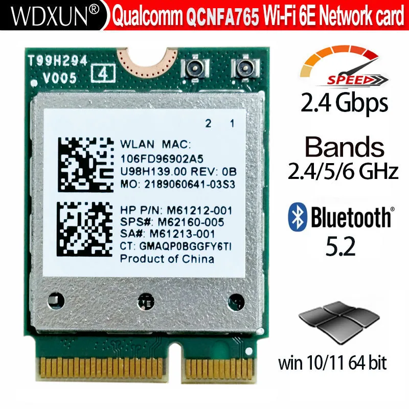 

Qualcomm QCNFA765 NFA765 M2 Key E Wi-Fi 6 BT 5.3 M.2 NGFF Module wifi network card NFA765A 802.11ac/ax 2.4G/5G/6G 2400mbps