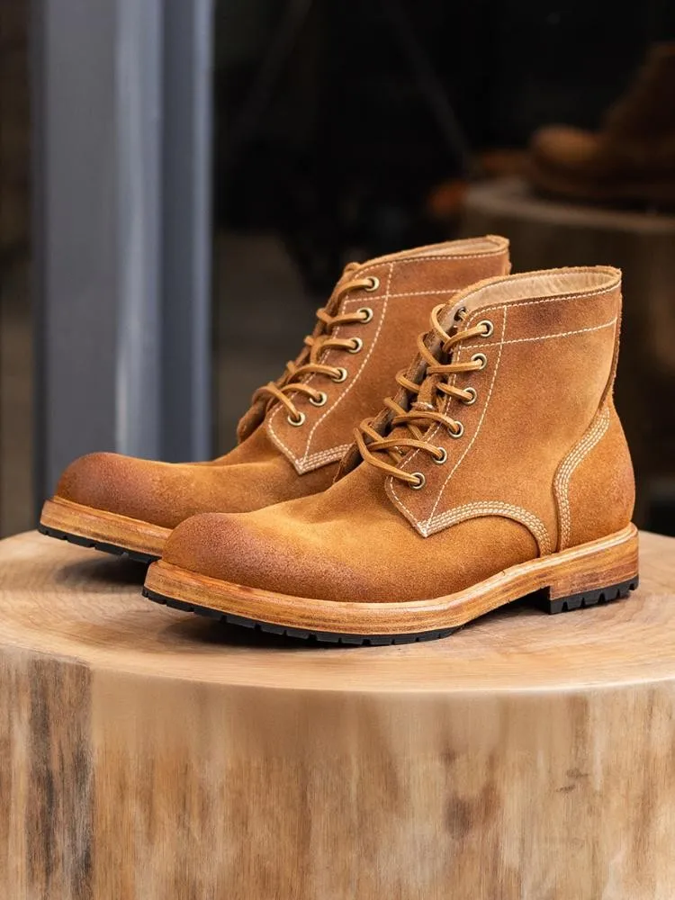 Handmade Mens Retro Real Suede Leather Yellowish-Brown Mid Heel Shoes Work Lace Up Fashion Thick Platform Wear Resistant Boots