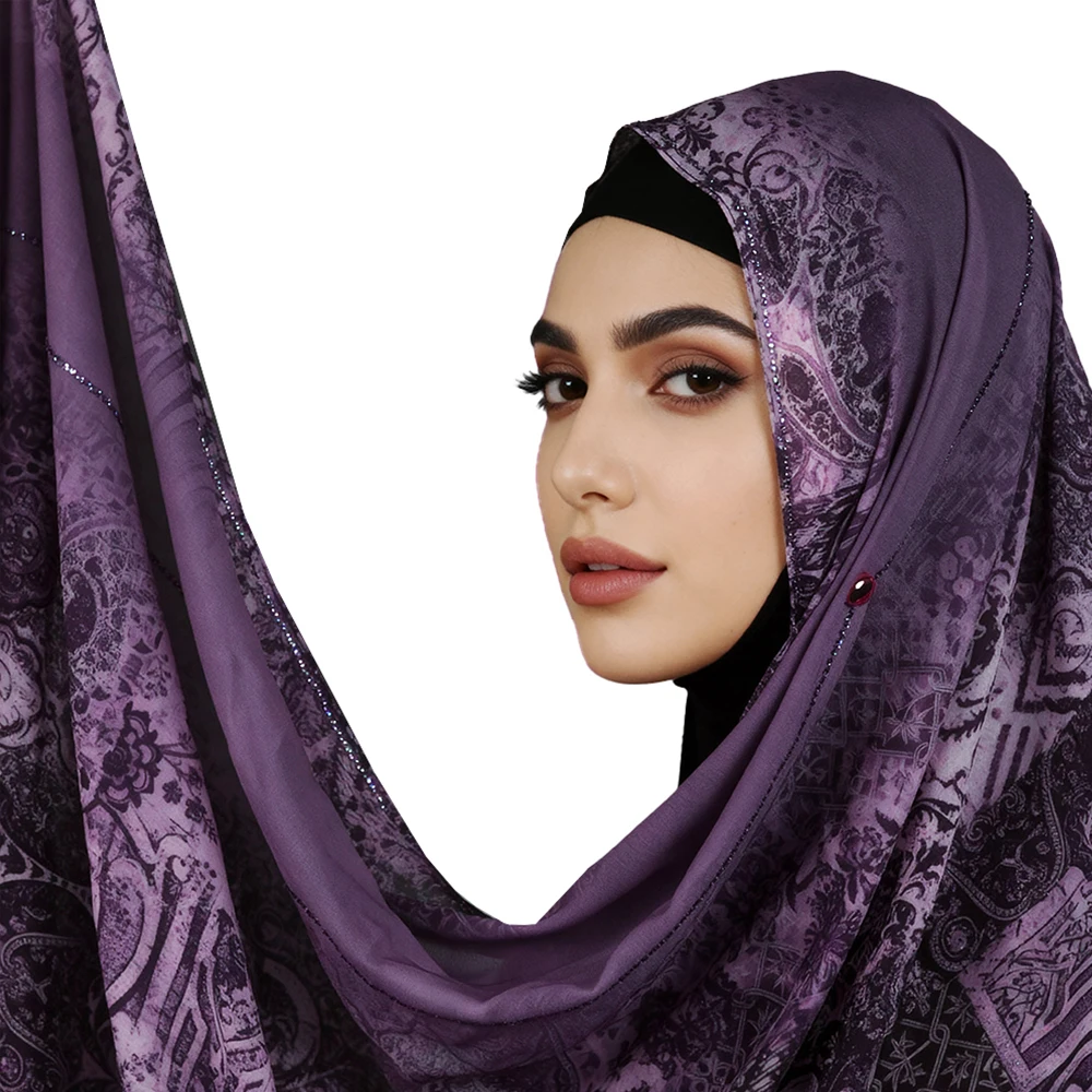 

Luxury Deep Purple Hijab with Crystal Accents, Soft Chiffon and Elegant Design