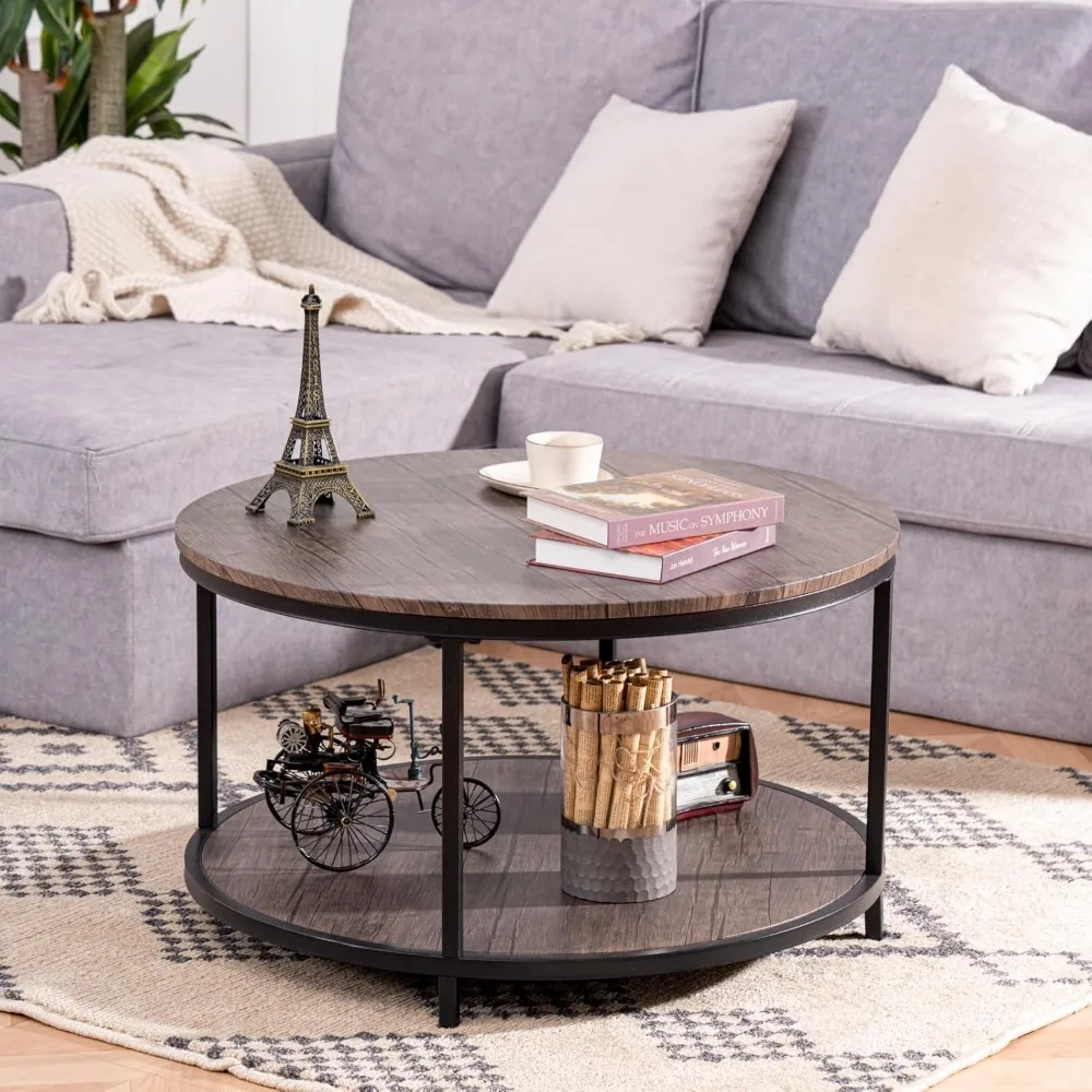 

Round Coffee Table, 30 Rustic Coffee Table,Cocktaile Table with 2-Tier Wooden Storage Shelf, Modern Living Room Furniture, Brown