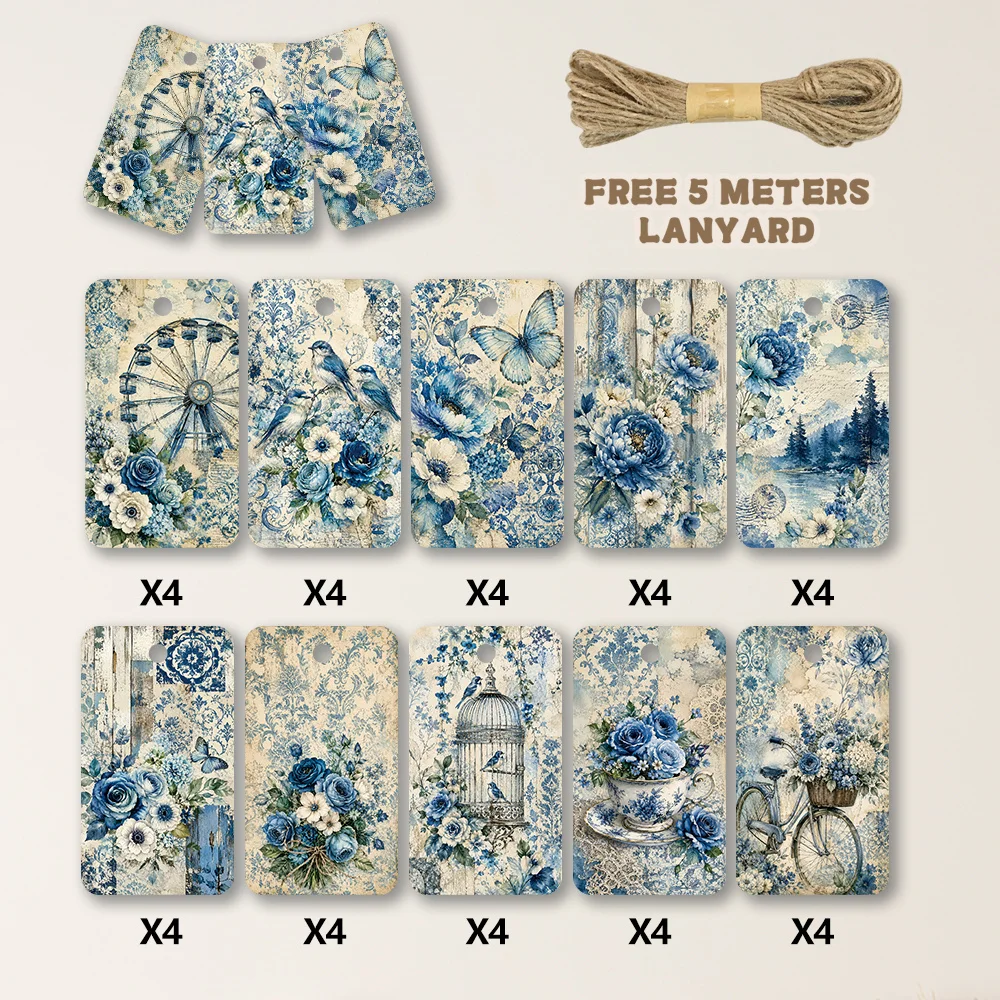 40 pièces, étiquettes cadeaux, motif floral aquarelle bleu et blanc, étiquettes en papier à suspendre pour emballer les cadeaux, décoration pour fêtes et événements, avec ficelle.