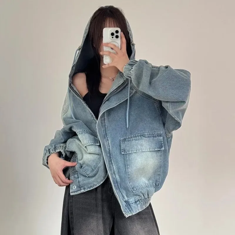 SuperAen Stand Collar Hooded Washed Denim Safari Style Jacket High Street Fashionable Zipper Oversize Loose Office Lady Coats