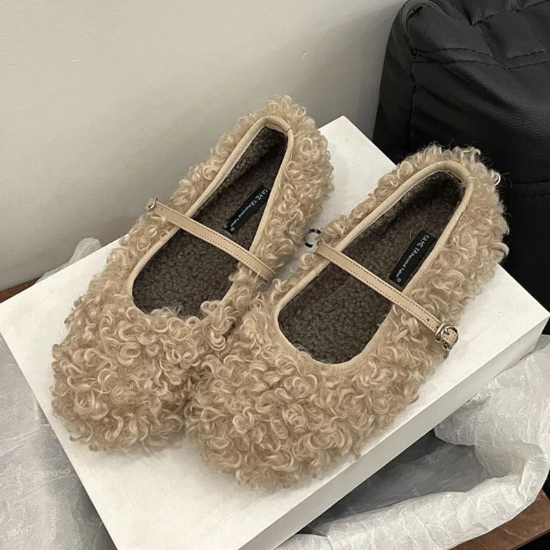 Plush Footwear Lolita Flats Mary Janes Fur Shoes For Women Fashion Buckle Strap Female Shallow Ladies Flats Warm Shoes