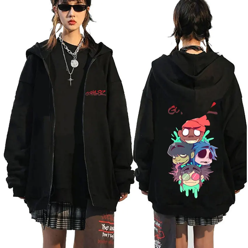 

Rock Band Gorillaz Print Zipper Hoodie Men Women Clothing Hip Hop Fashion Oversized Zip Up Jacket Unisex Alternative Streetwear