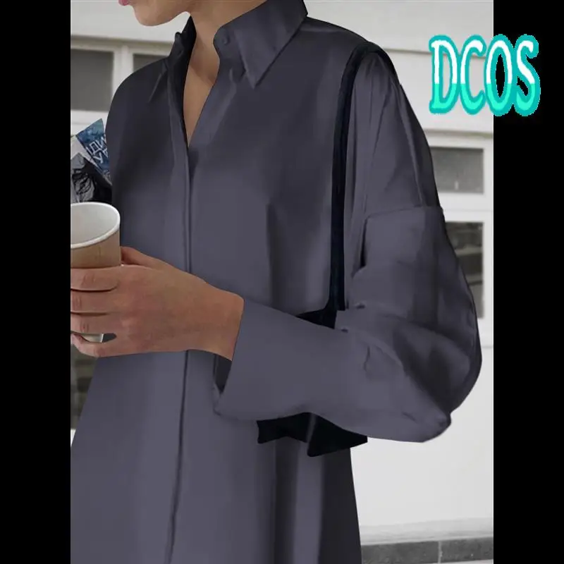

DCOS-Women's Casual Shirt Dress Collar V Neck Button Down Loose Long Sleeve Mini Dresses