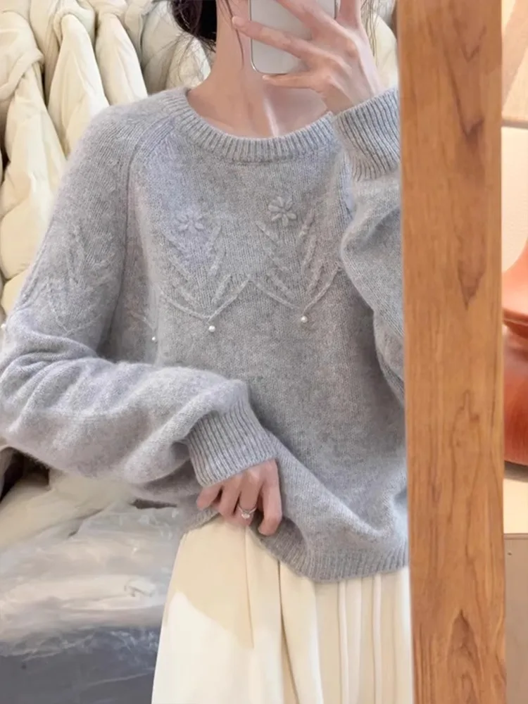 Maglione oversize lavorato a maglia blu morbido da donna Primavera New Sle Lazy Faion rotondo Ne Long Sve Maglieria casual comoda