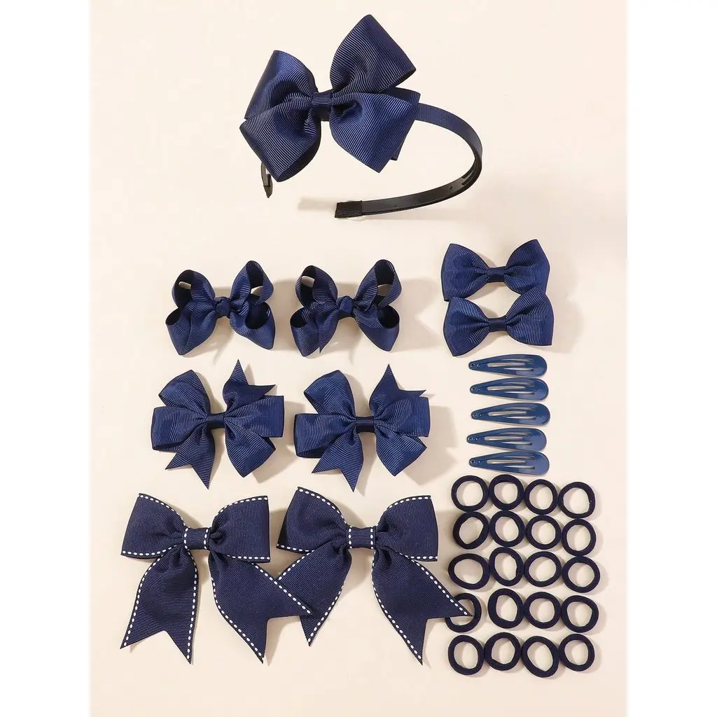 34-teiliges Schleifen-Set für den Schulanfang für Babys, handgefertigt, marineblaues Band, Haarspangen, Haarbänder, Haarseil, Kinder-Haar-Accessoires