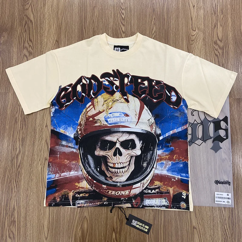 

2025 Tee GOD SPEED T Shirts European American Niche Streetwear Full Print Washed and Distressed Short Sleeve