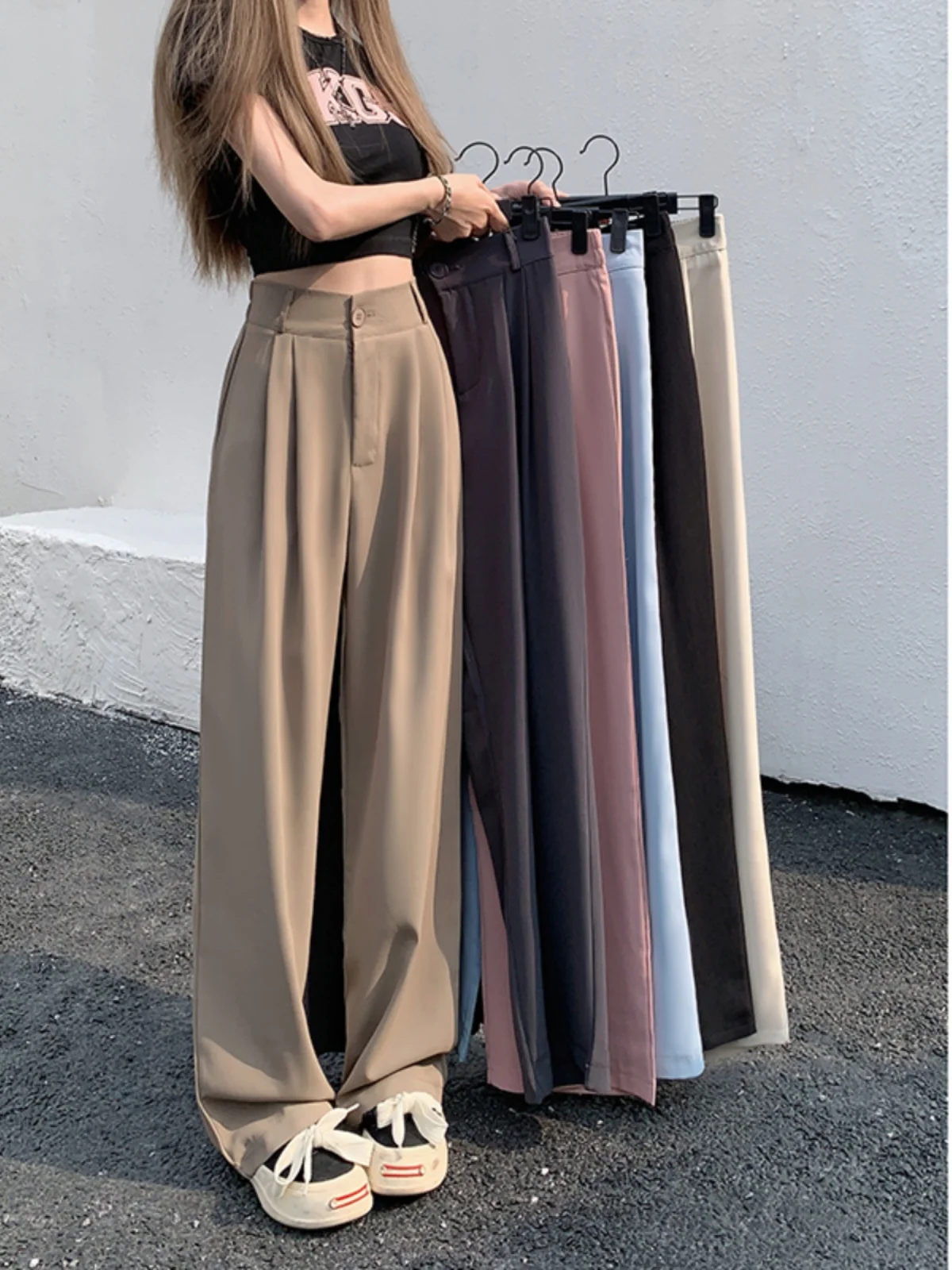 

High Waist Wide Leg Suit Pants Women's Elastic Waist Draping Feel Spring New Style plus Size Korean Style Cotton Blend Fabric